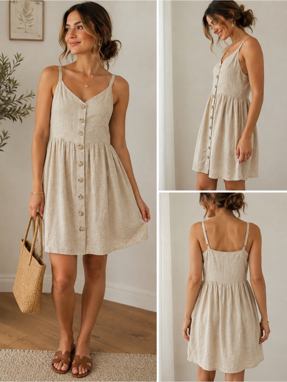 Gentle Fawn NWT Linen Blend Babydoll Sundress Beige Button Front Size Large